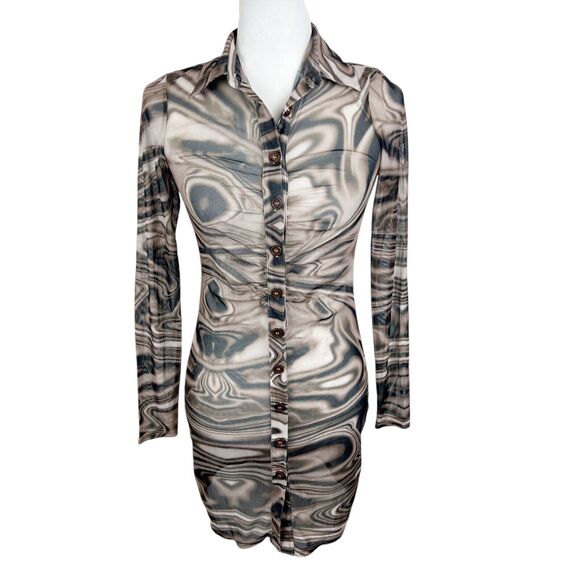 Miss Lola Dress Women Small Brown Retro Mesh Long Sleeve Button Up Casual Mini - Picture 1 of 15